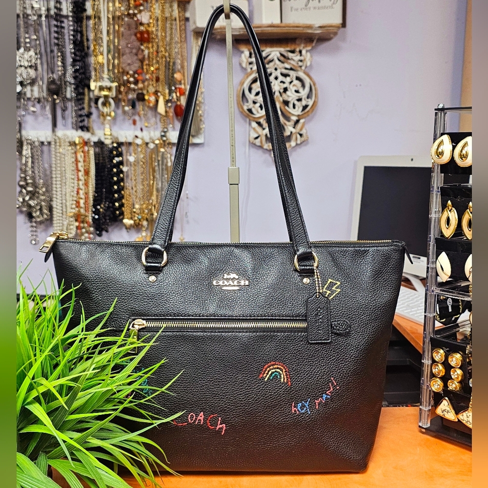 Coach Black Embroidered Leather Tote